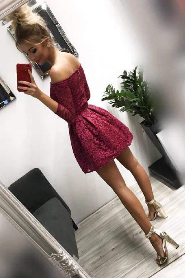 Cute Off the Shoulder Long Sleeves Burgundy Lace Homecoming Dresses Cocktail Dresses H1339 Rjerdress