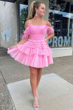 Cute Off the Shoulder Pink Tulle Short Homecoming Dresses with Feather Rjerdress