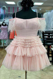 Cute Off the Shoulder Pink Tulle Short Homecoming Dresses with Feather Rjerdress