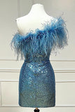 Cute One Shoulder Sequins Feathered Blue Short Homecoming Cocktail Dresses H1292 Rjerdress
