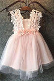 Cute Pink Tulle Bow Lace Beads Cap Sleeve Flower Girl Dresses Wedding Apparel
