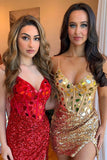 Cute Red Bodycon Sequin V Neck Straps Short Cocktail Dresses Homecoming Dresses H1221 Rjerdress