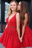 Cute Red Lace Appliques Homecoming Dresses V Neck Tulle Above Knee Short Cocktail Dress RJS983