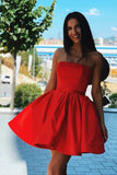 Cute Red Satin Strapless Above Knee Homecoming Dresses with Belt Short Cocktail Dresses H1274 Rjerdress