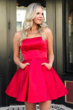 Cute Red Short Cocktail Dresses with Pockets Strapless Above Knee Satin Homecoming Dresses H1148 Rjerdress