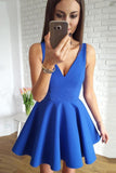 Cute Royal Blue Satin A Line V-Neck Short Homecoming Dress with Ruched Graduation Dress RJS567