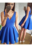 Cute Royal Blue Satin A Line V-Neck Short Homecoming Dress with Ruched Graduation Dress RJS567 Rjerdress