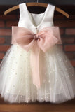 Cute Scoop Neck Sleeveless Satin Tulle Flower Girl Dress with Bowknot Rjerdress