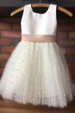 Cute Scoop Neck Sleeveless Satin Tulle Flower Girl Dress with Bowknot Rjerdress