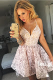 Cute Spaghetti Straps High Low V Neck Pearl Pink Lace Appliques Homecoming Dresses RJS843 Rjerdress