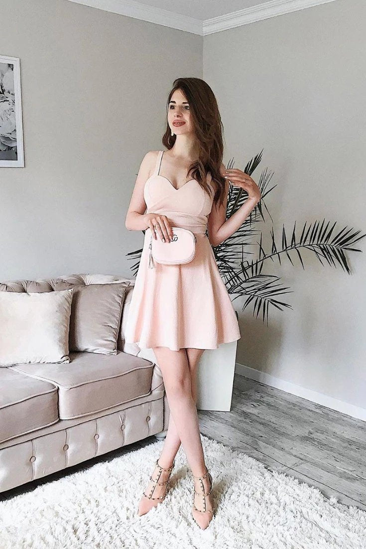 Cute Spaghetti Straps Sweetheart Pink Homecoming Dresses Satin Short Prom Dresses H1168 Rjerdress