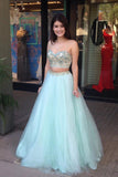 Cute Spaghetti Straps Two Piece Long Mint Beading Tulle Prom Gowns Prom Dresses