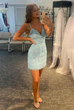 Cute Spaghetti Straps V Neck Light Blue Ployster Bodycon Homecoming Dresses with features Short Cocktail Dress H1344