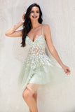 Cute Spaghetti Straps V Neck Tulle Homecoming Dresses with Appliques
