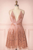 Cute Straps V Neck Lace Homecoming Dress Short/Mini Rjerdress