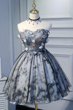 Cute Sweetheart Gray Strapless Beads Lace up Tulle Homecoming Dresses with Flowers H1128 Rjerdress
