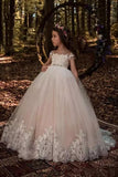 Cute Tulle Scoop Ball Gown Lace Appliques Beads Cap Sleeve Pink Flower Girl Dresses Rjerdress