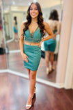 Cute Two Pieces V Neck Polyester Green Sheath Beading Homecoming Dresses Rjerdress
