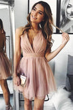 Cute V Neck Above Knee Pink Ruffles Tulle Short Cocktail Dresses Homecoming Dresses