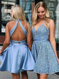 Cute V Neck Blue Short Prom Dresses Above Knee Homecoming Dress Cocktail Dresses H1062 Rjerdress