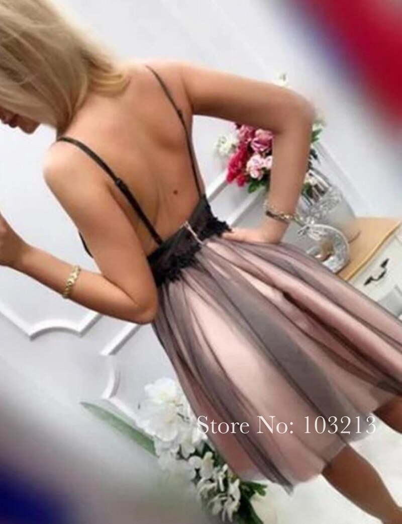 Cute V Neck Short Black Lace Spaghetti Straps Prom Dresses Backless Homecoming Dress H1223 Rjerdress