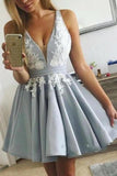 Cute V Neck Short Prom Dress, White Satin Homecoming Dress With Appliques Rjerdress