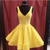 Cute V Neck Yellow Sleeveless Short Homecoming Dresses A Line Cocktail Dresses RJS20 Rjerdress