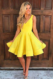 Cute V Neck Yellow Sleeveless Short Homecoming Dresses A Line Cocktail Dresses RJS20