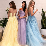 Daffodil Spaghetti Straps A-Line Tulle Long Prom Dresses With Appliques Rjerdress