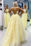 Daffodil Spaghetti Straps A-Line Tulle Long Prom Dresses With Appliques
