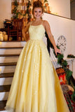 Daffodil Spaghetti Straps A-Line Tulle Long Prom Dresses With Appliques Rjerdress