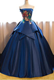 Dark Blue Ball Gown Satin Strapless Lace up Appliques Long Prom Quinceanera Dress RJS602 Rjerdress