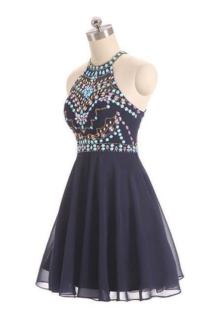Dark Blue Beads Short Cute Halter Hoco Cocktail Dress  GR56 Rjerdress