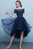 Dark Blue Lace Tulle Short Sleeve High Low Round Neck A-Line Short Cocktail Dresses RJS408 Rjerdress