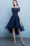 Dark Blue Lace Tulle Short Sleeve High Low Round Neck A-Line Short Cocktail Dresses RJS408 Rjerdress
