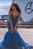 Dark Blue Mermaid Sweetheart Prom Dresses Tulle With Applique Sweep Train