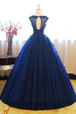Dark Blue Tulle Lace Beads Ball Gown Open Back Sweet 16 Dress Quinceanera Dresses rjs808 Rjerdress