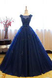 Dark Blue Tulle Lace Beads Ball Gown Open Back Sweet 16 Dress Quinceanera Dresses rjs808