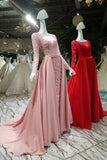 Dark Davy Prom Dresses Removable Train Scoop Tulle With Full Beading Long Sleeves Rjerdress