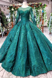 Dark Green Long Sleeves Ball Gown with Beads Lace up Quinceanera Dresses RJS972 Rjerdress