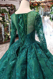 Dark Green Long Sleeves Ball Gown with Beads Lace up Quinceanera Dresses RJS972