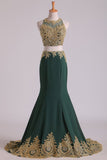 Dark Green Mermaid Two-Piece Party Dresses Scoop Sweep/Brush Chiffon With Gold Applique Rjerdress