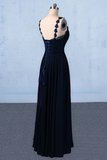 Dark Navy Blue Straps Floor Length Evening Dresses, Long Chiffon Party Dress With Lace Rjerdress