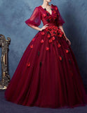 Dark Red Half Sleeves V Neck Ball Gown Prom Dress