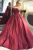 Dark Red Lace Long Sleeve Prom Dress Off-the-Shoulder Ball Gown Quinceanera Dress RJS392