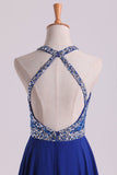 Dark Royal Blue A Line Halter Beaded Bodice Open Back Chiffon & Tulle Prom Dresses Rjerdress