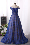 Dark Royal Blue Evening Dress Scoop Cap Sleeves See-Through Lace With Applique A Line Rjerdress