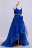 Dark Royal Blue Halter A Line High Low Flower Girl Dresses Beaded Tulle Rjerdress