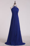 Dark Royal Blue Halter Bridesmaid Dresses Chiffon With Beading Floor Length Rjerdress