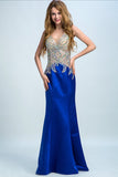 Dark Royal Blue Mermaid Formal Dresses V Neck Beaded Bodice Satin Evening Dresses